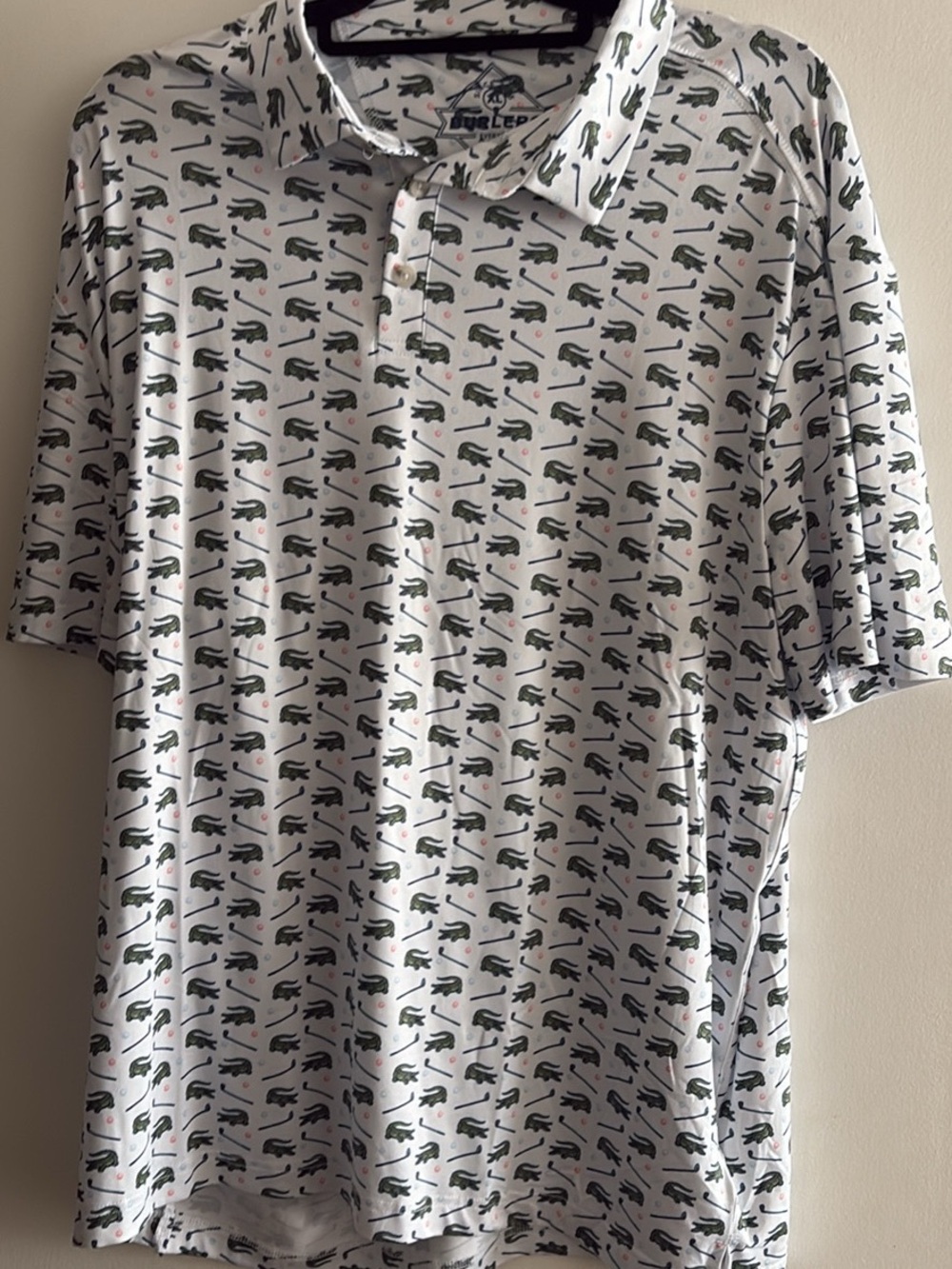 BURLEBO White Polo with Green Crocodile Pattern
